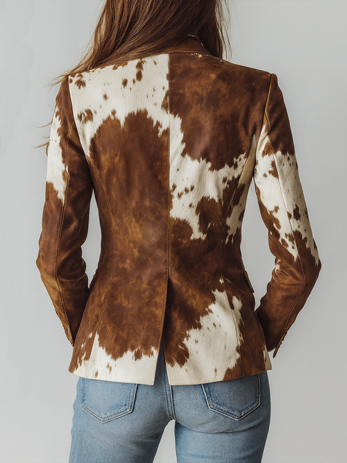Blazer vintage marrón con estampado de manchas tipo vaca, vista trasera