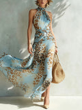 Vestido largo sin mangas con cuello halter y estampado animal leopardo azul y arena