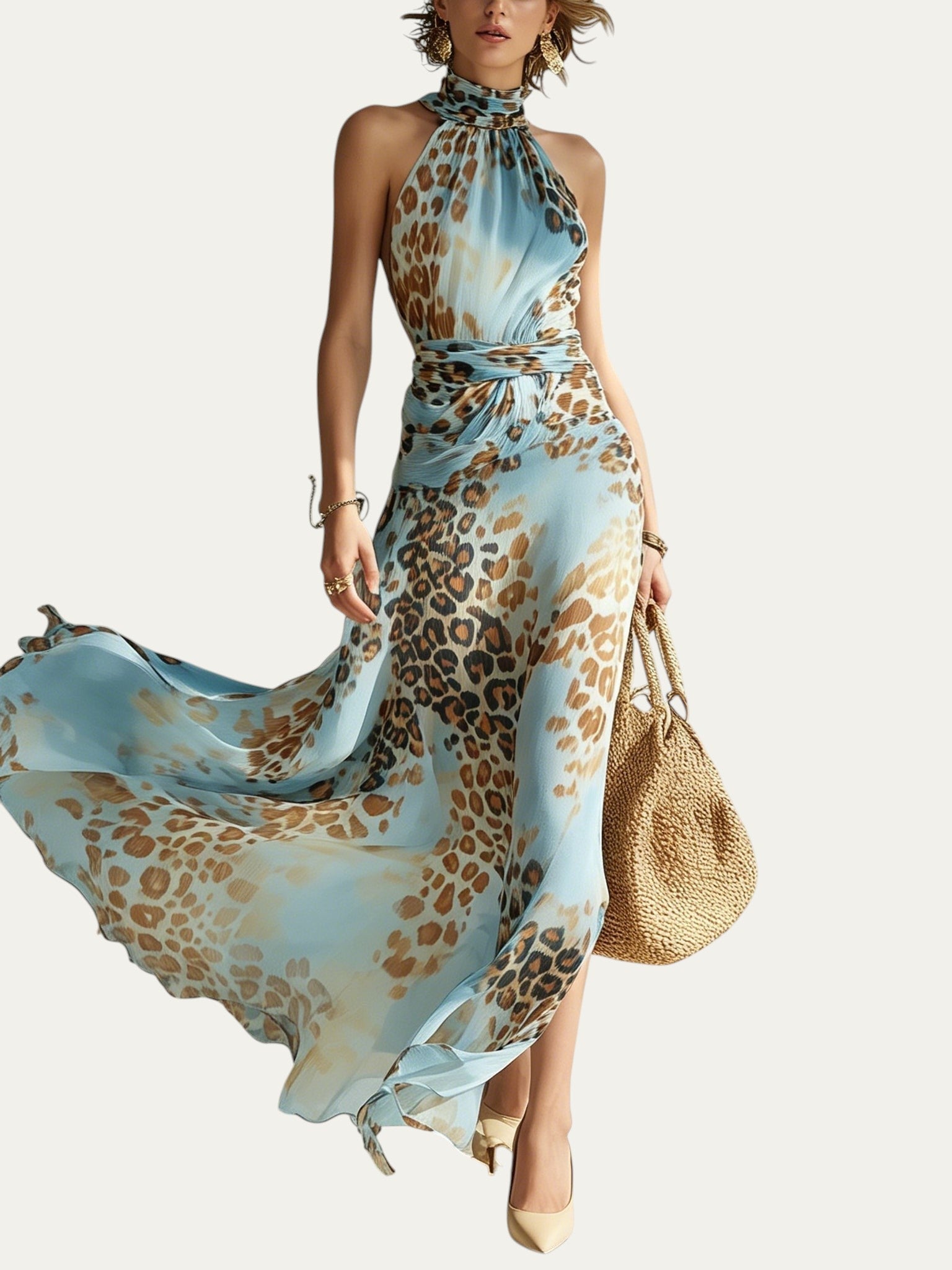Vestido largo azul con estampado animal estilo leopardo, cuello halter y vuelo en la falda