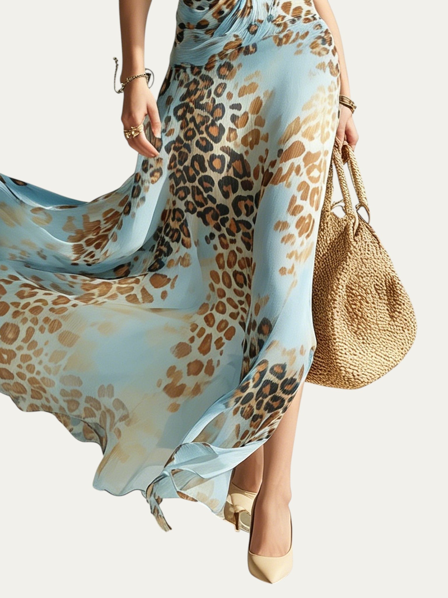 Vestido largo azul con estampado animal, abertura lateral y falda de caída suelta
