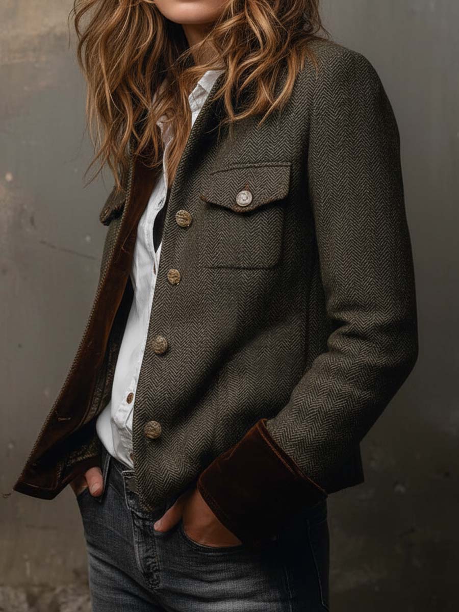 Blazer vintage de espiga oliva con botones dorados, bolsillo delantero y ribete a contraste