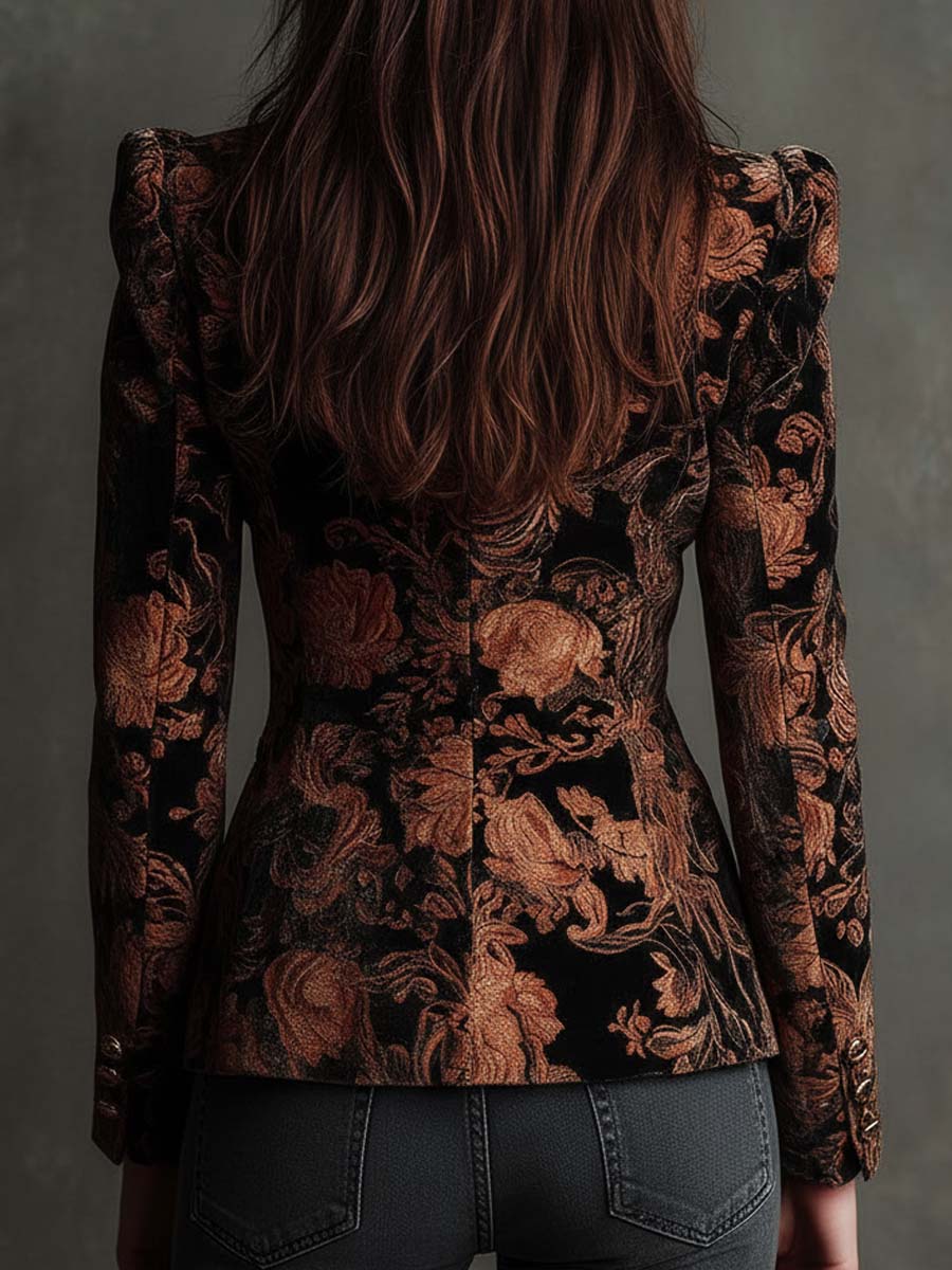 Blazer negro estampado floral bronce con manga larga y corte entallado