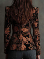 Blazer negro estampado floral bronce con manga larga y corte entallado