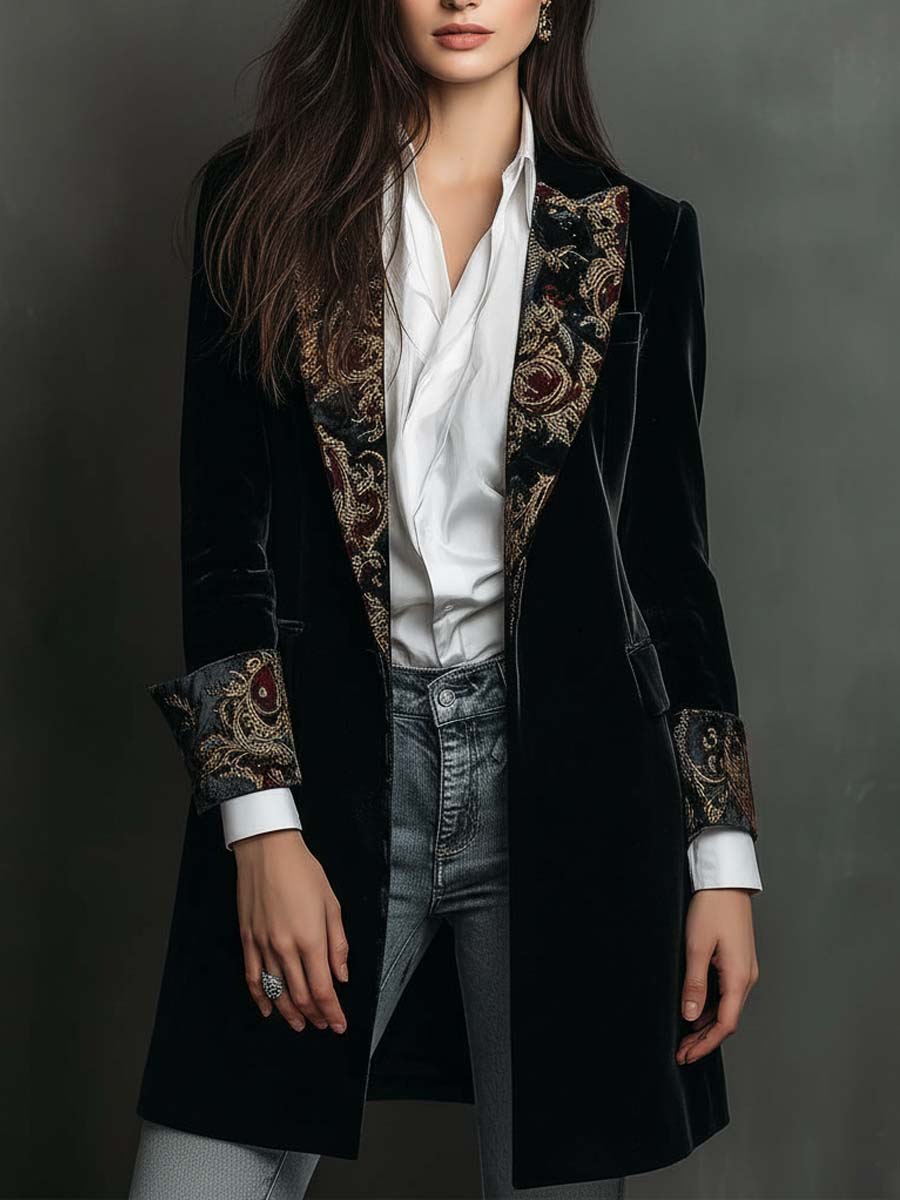 Blazer negro entallado con solapa y puños de estampado barroco multicolor
