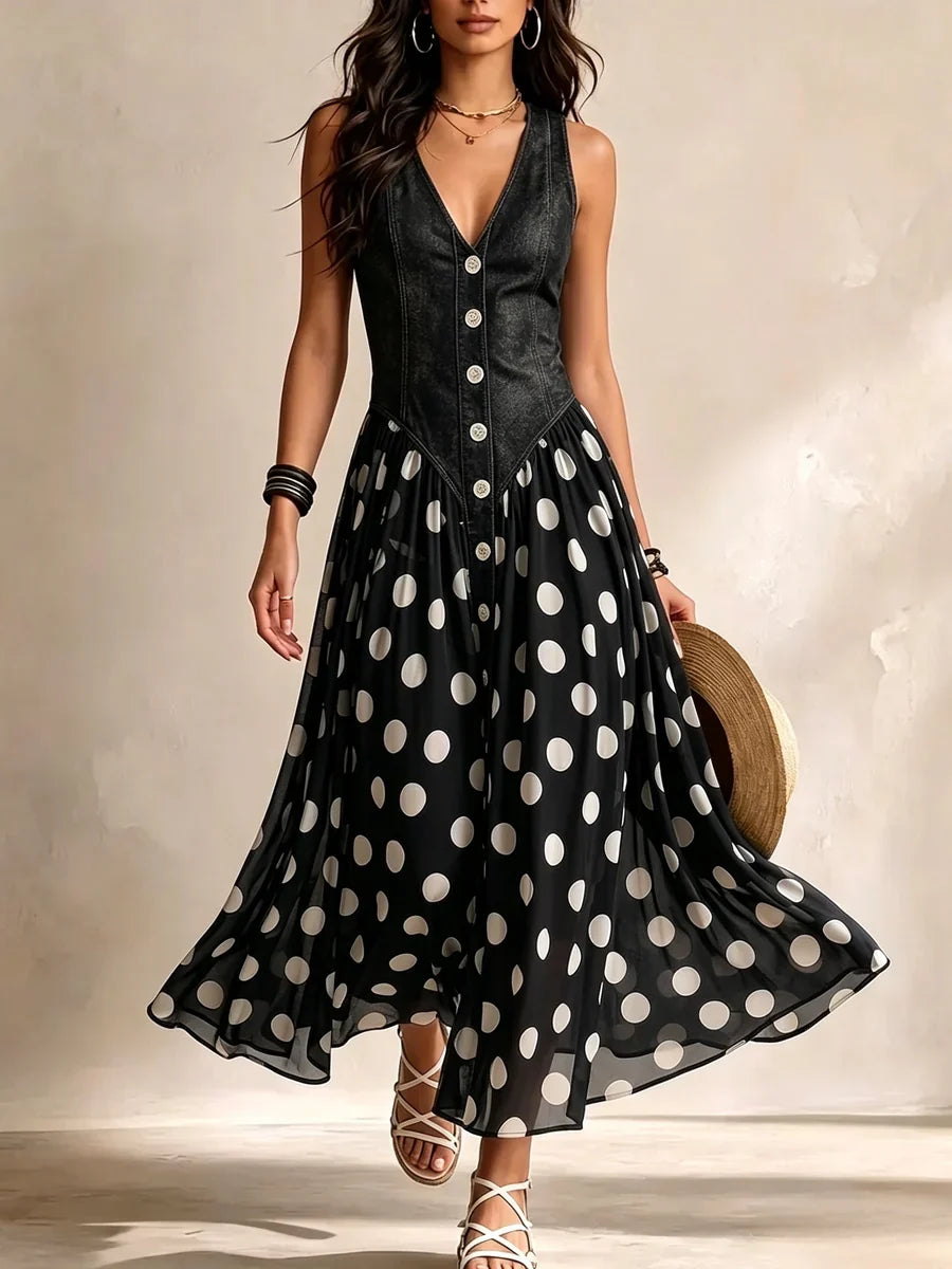 Adeline | Vestido largo vaquero de lunares