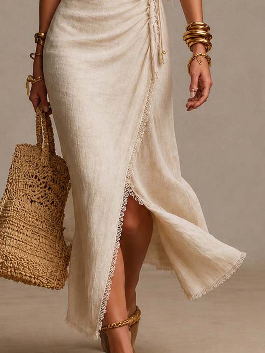 Daisy - Vestido midi de lino natural con solapa en la parte delantera, volantes y ribete de encaje