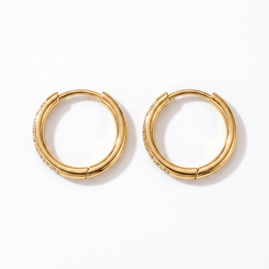 Pendientes de aro dorados con pedrería y bisagra, conjunto de dos