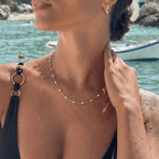 Collar choker dorado con cuentas blancas, apoyado en el cuello