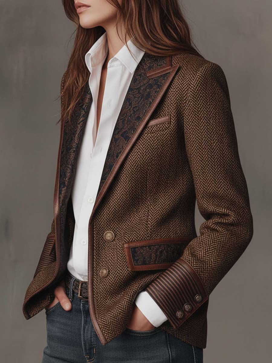 Blazer marrón de espiga con solapas y panel estampado oscuro, vista lateral del cierre.