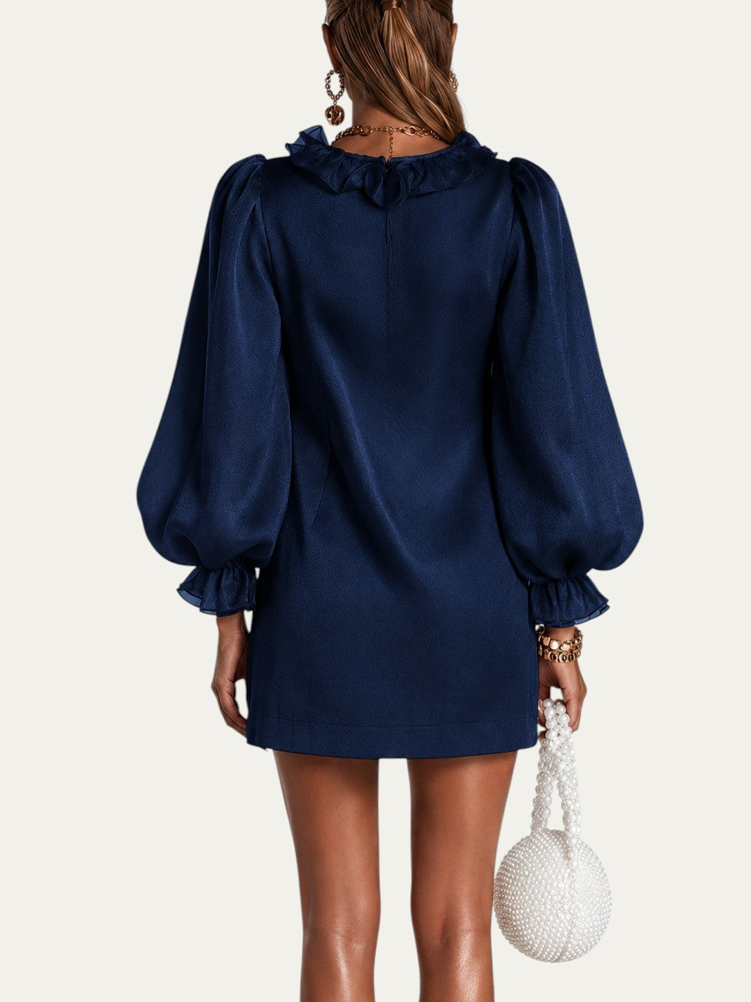 Vestido holgado azul marino con espalda lisa y mangas abullonadas con puños fruncidos