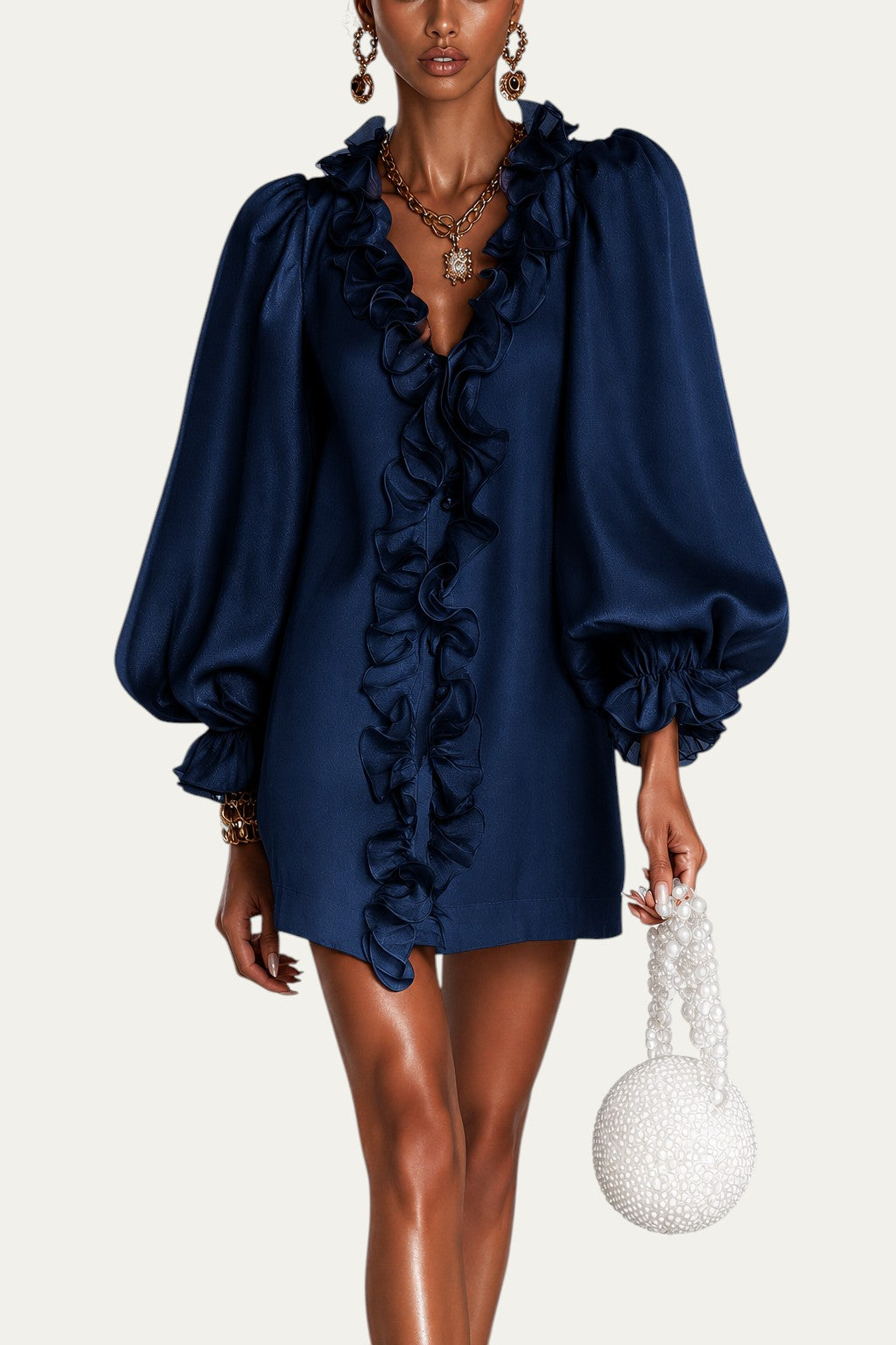 Vestido holgado azul marino con volantes frontales y mangas abullonadas