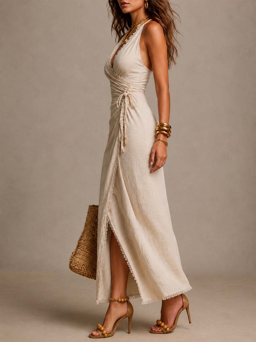Daisy - Vestido midi de lino natural con solapa en la parte delantera, volantes y ribete de encaje