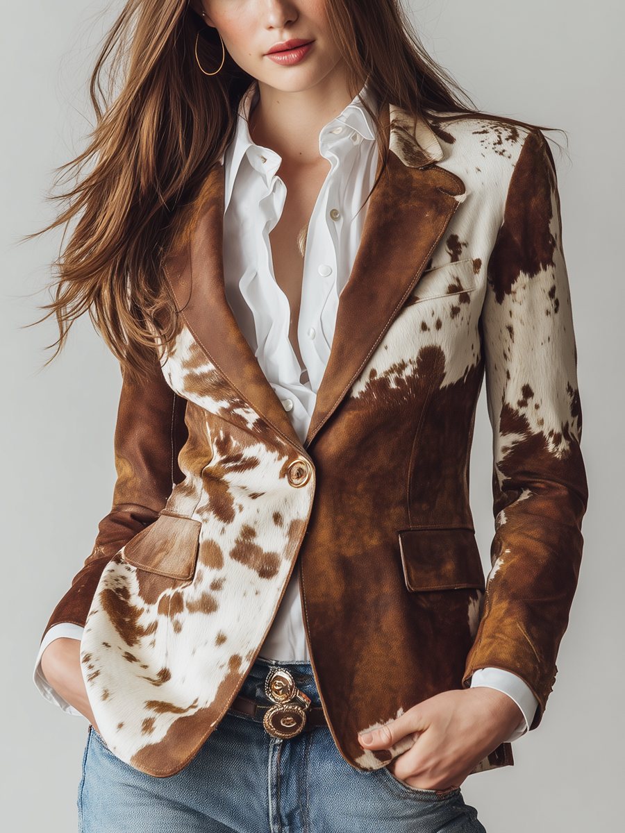 Blazer vintage marrón con estampado de manchas tipo vaca y solapas con botón