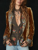 Blazer vintage de terciopelo marrón con paneles estampados florales