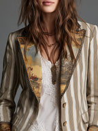 Blazer bohemio de rayas cachi y crema con cuello estampado y botones dorados