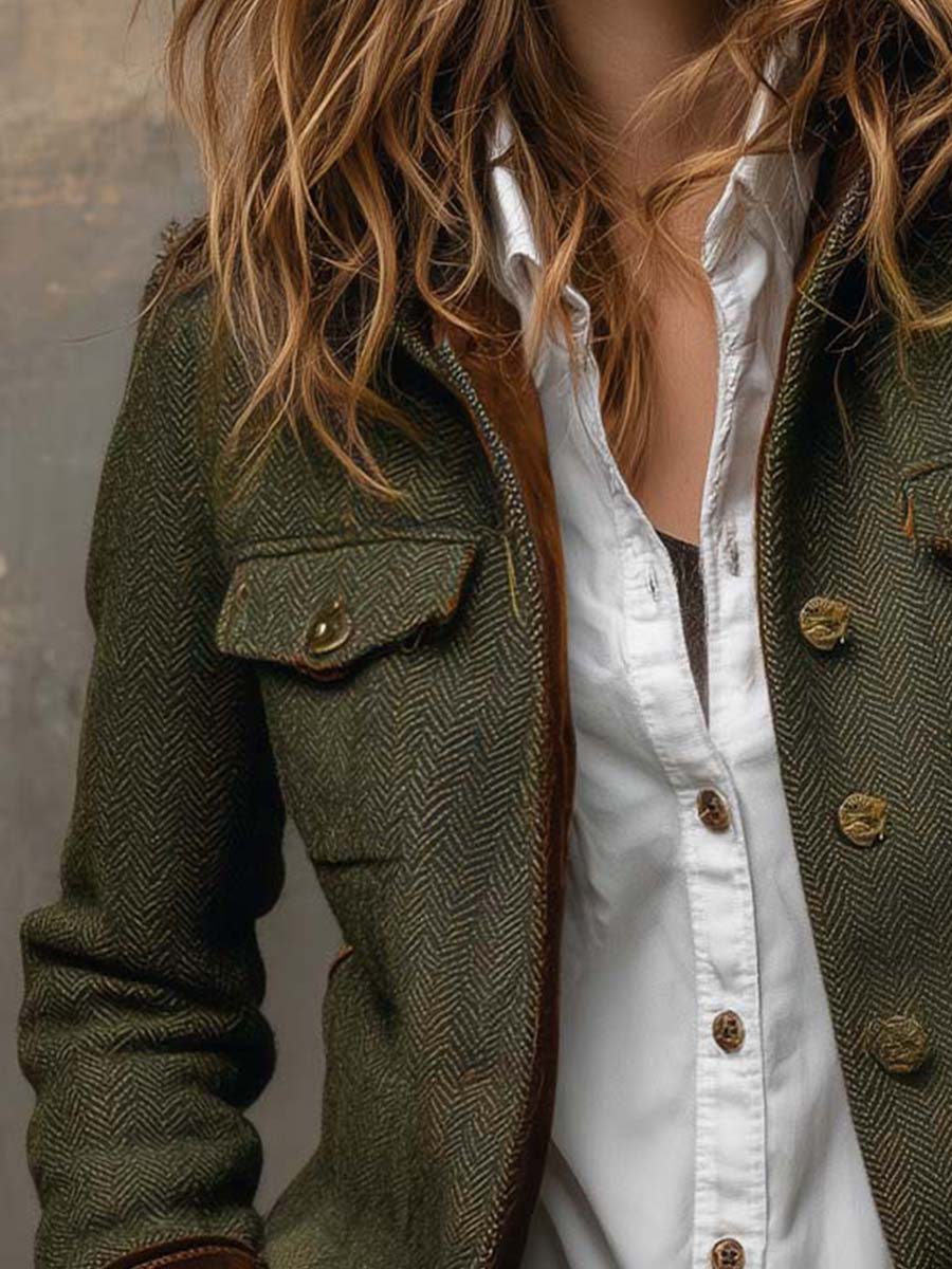 Blazer oliva de espiga con ribete a contraste, bolsillos con solapa y botones dorados