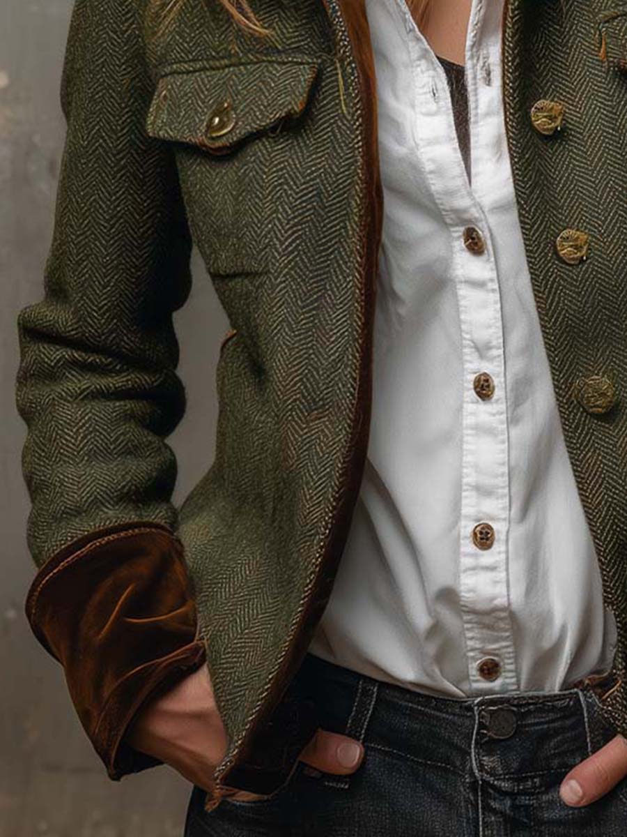 Blazer oliva de espiga con puños entallados, botones dorados y bolsillo delantero