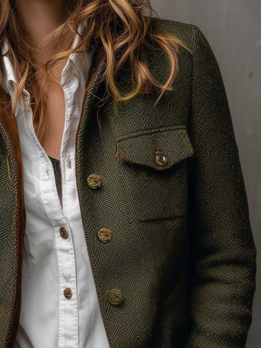 Blazer oliva de espiga con botones dorados en solapa y bolsillo frontal tipo parche