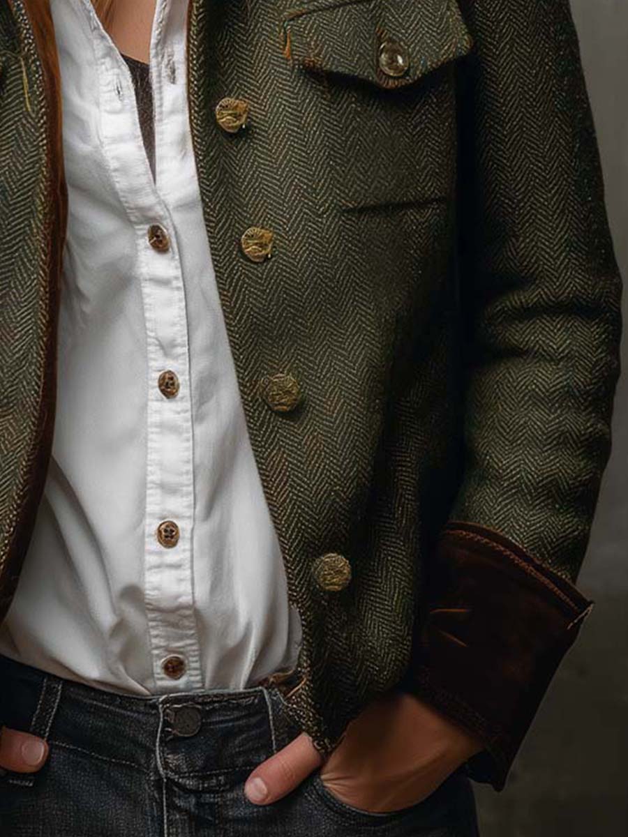 Blazer oliva de espiga con botones dorados y bolsillos; vista parcial inferior