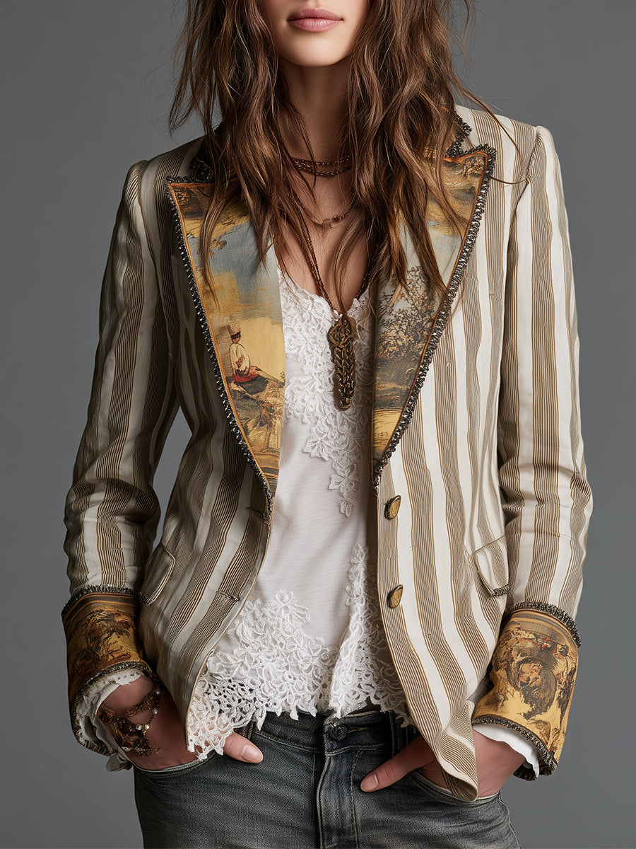 Blazer bohemio de rayas verticales cachi y crema, botones dorados y cuello estampado