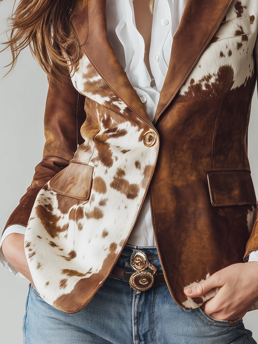 Blazer vintage marrón con estampado de manchas, bolsillos con solapa y botón dorado