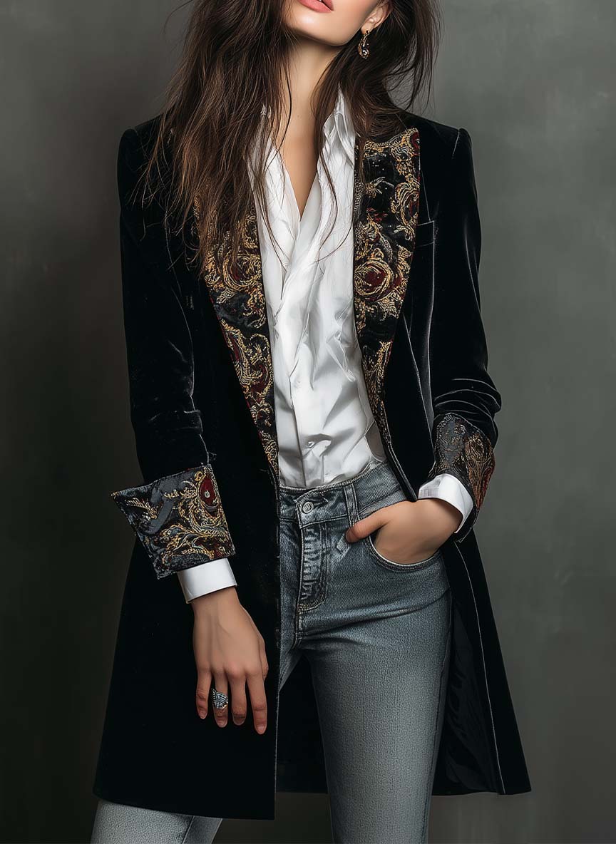 Blazer entallado negro con estampado barroco dorado y burdeos en solapa y puños
