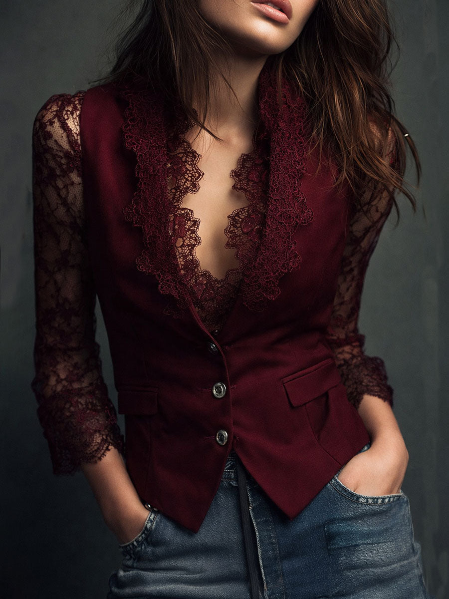 Blazer de mujer burdeos con botones y mangas semitransparentes de encaje