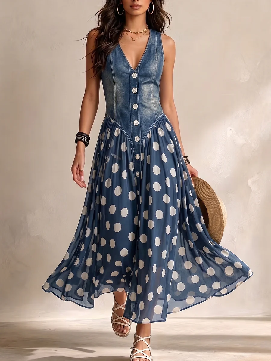 Adeline | Vestido largo vaquero de lunares