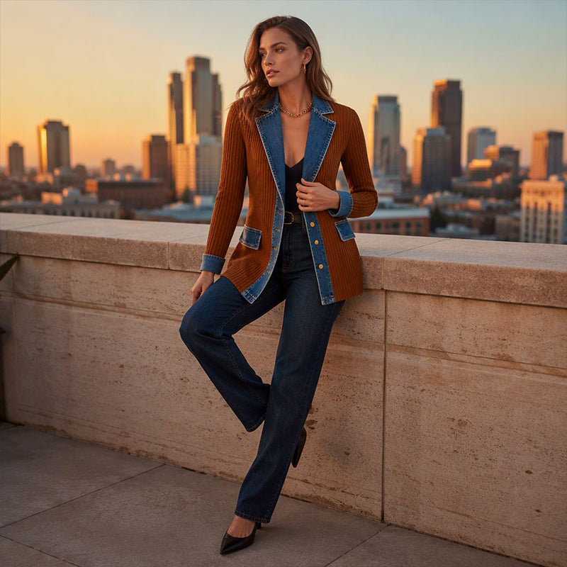 Natalia | Elegante abrigo de punto acanalado para mujer con paneles vaqueros