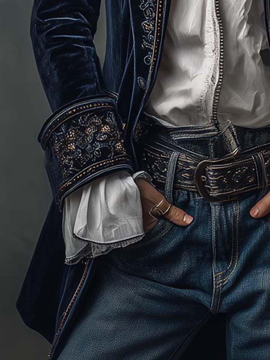 Chaqueta de terciopelo azul marino con puño bordado y costura decorativa en el borde