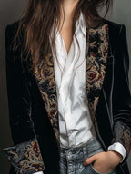 Blazer negro con panel frontal de estampado barroco multicolor y puños a juego