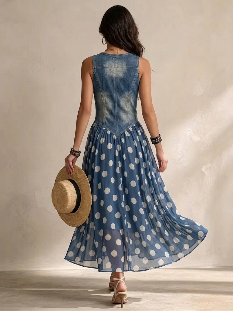 Adeline | Vestido largo vaquero de lunares