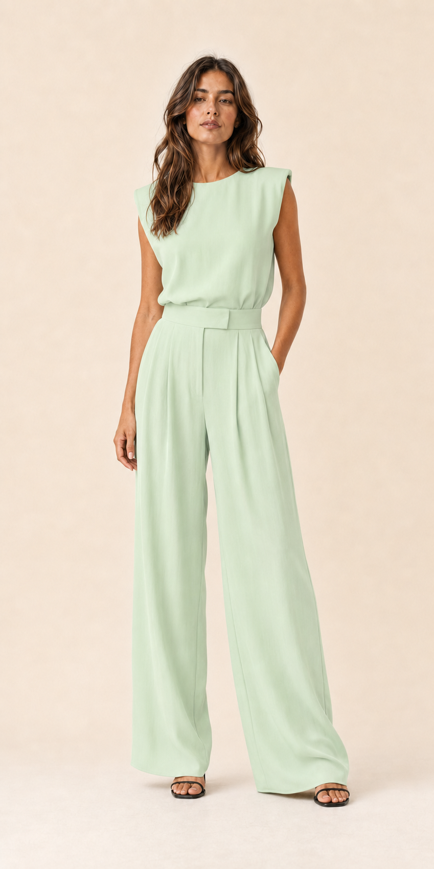Conjunto de blusa sin mangas y pantalón ancho color verde menta, con cinturilla elástica.
