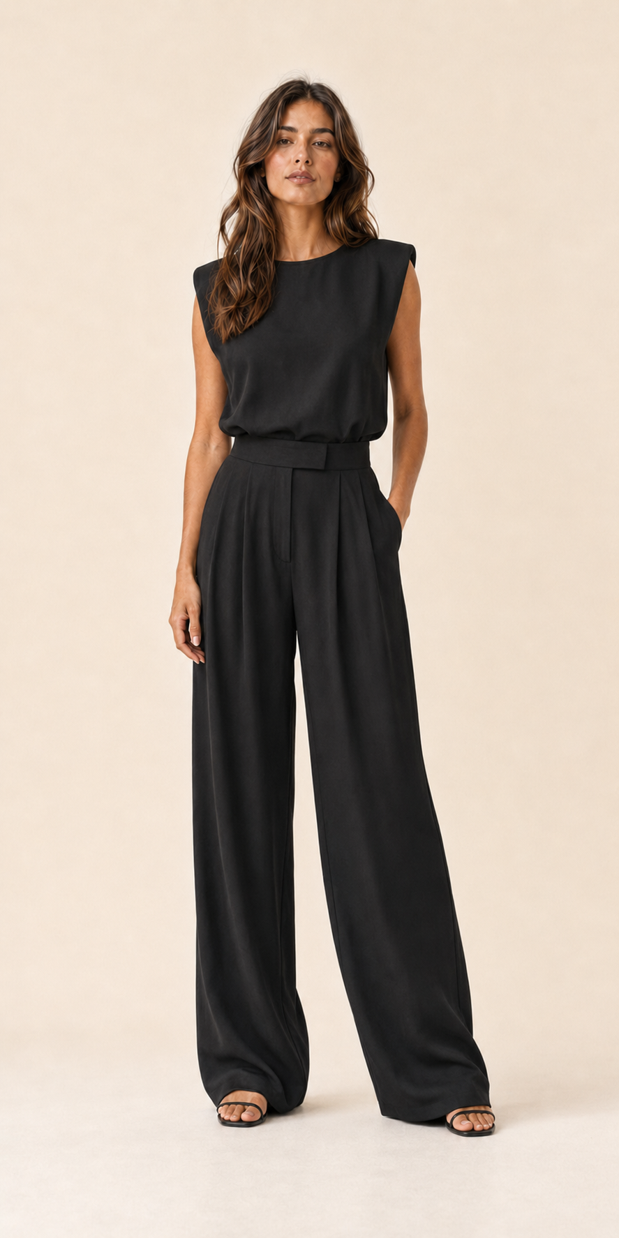 Conjunto de blusa sin mangas y pantalón ancho color negro, tiro alto con cinturilla.