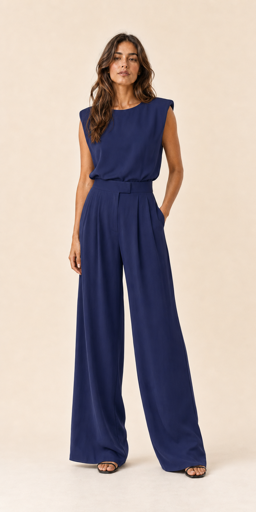 Conjunto de blusa sin mangas y pantalón ancho color azul marino, con cinturilla elástica.