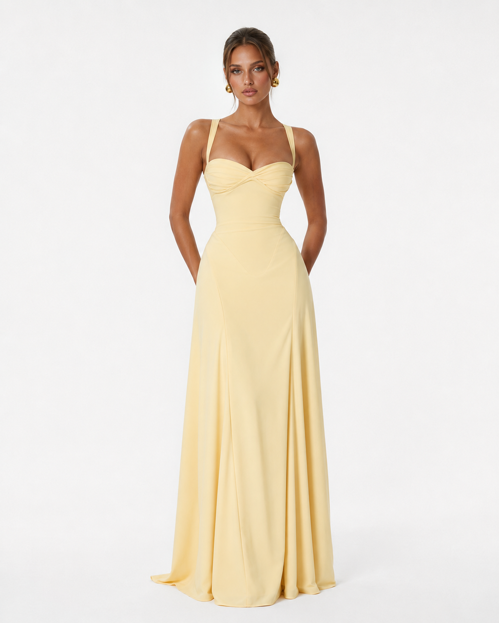 Vestido largo tipo corsé Golden Hour amarillo claro, escote corazón y tirantes finos