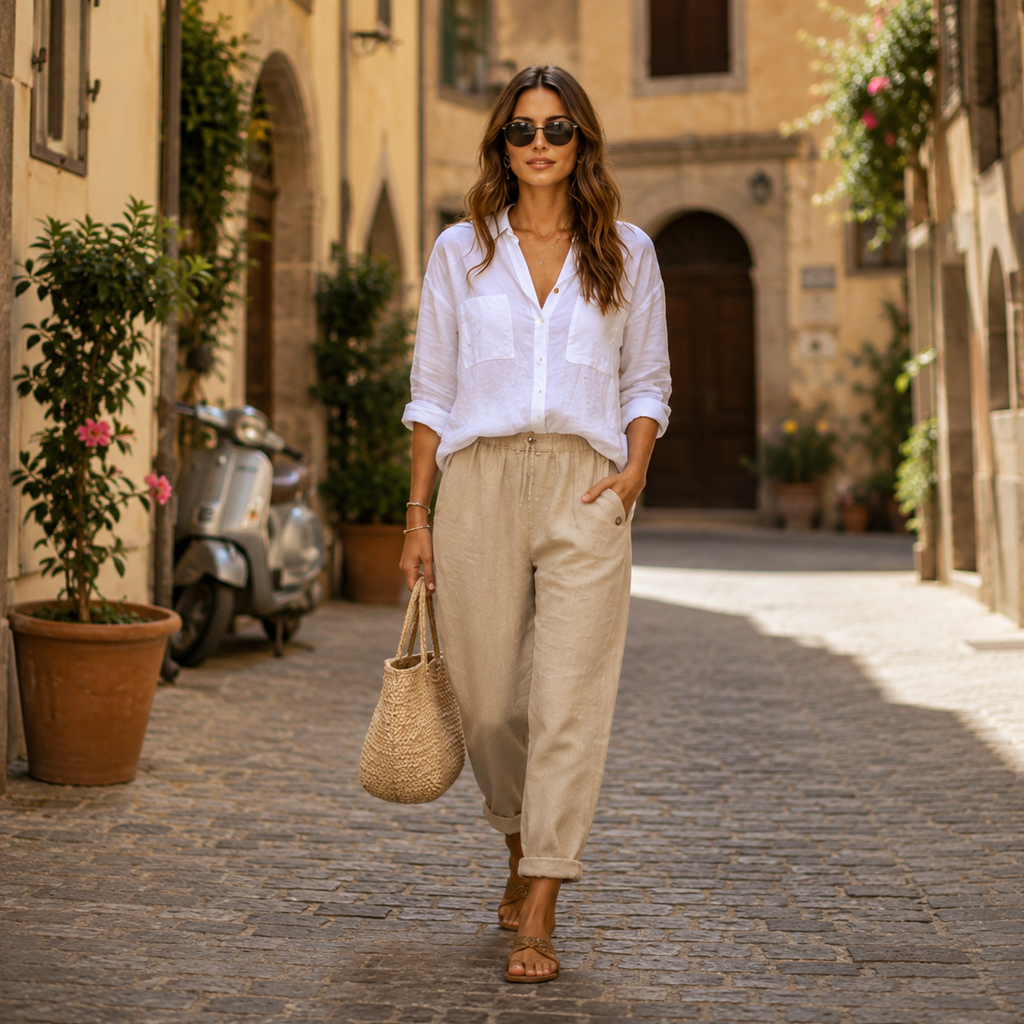 Pantalones de lino ligeros color beige con pinzas en la cintura y cordón