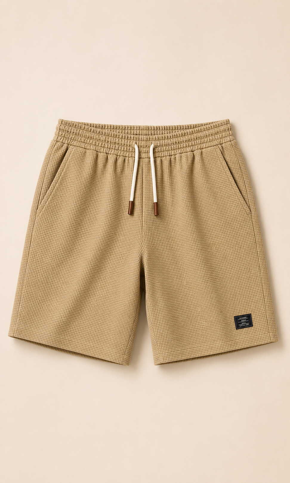 Shorts elegantes de hombre caqui con cordón ajustable y parche lateral