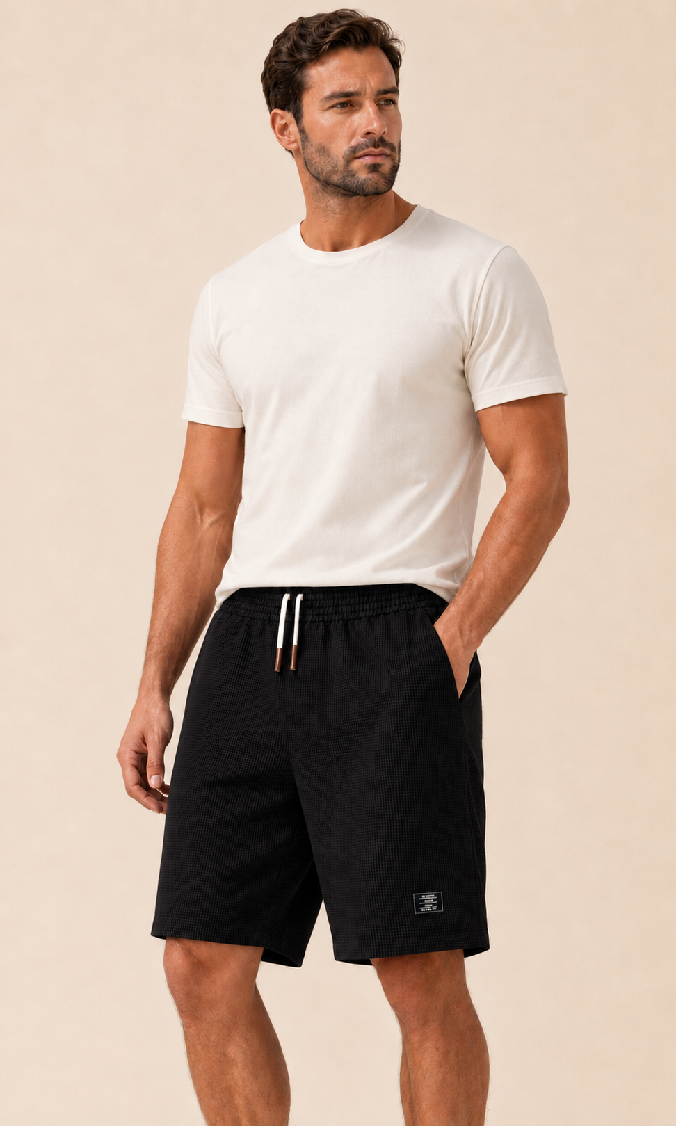 Shorts elegantes de hombre negros con cordón ajustable y bolsillo lateral
