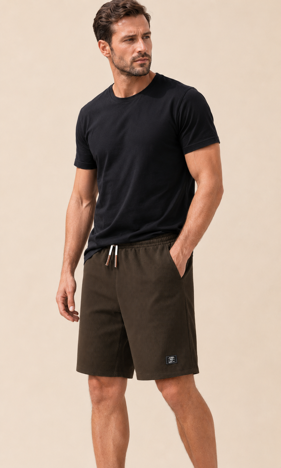 Shorts elegantes de hombre negros con bolsillos y cordón ajustable