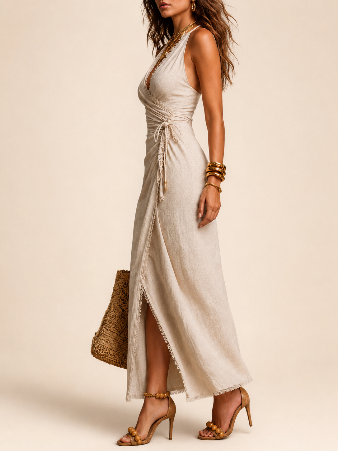 Daisy - Vestido midi de lino natural con solapa en la parte delantera, volantes y ribete de encaje