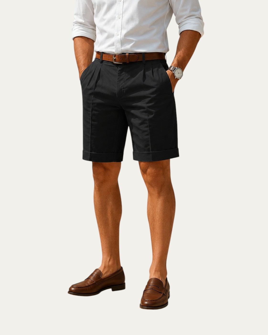Bermudas de verano negras con pliegues frontales y dobladillo recto