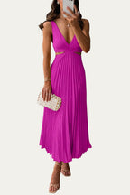Vestido largo elegante rosa fucsia con escote en V cruzado y falda plisada