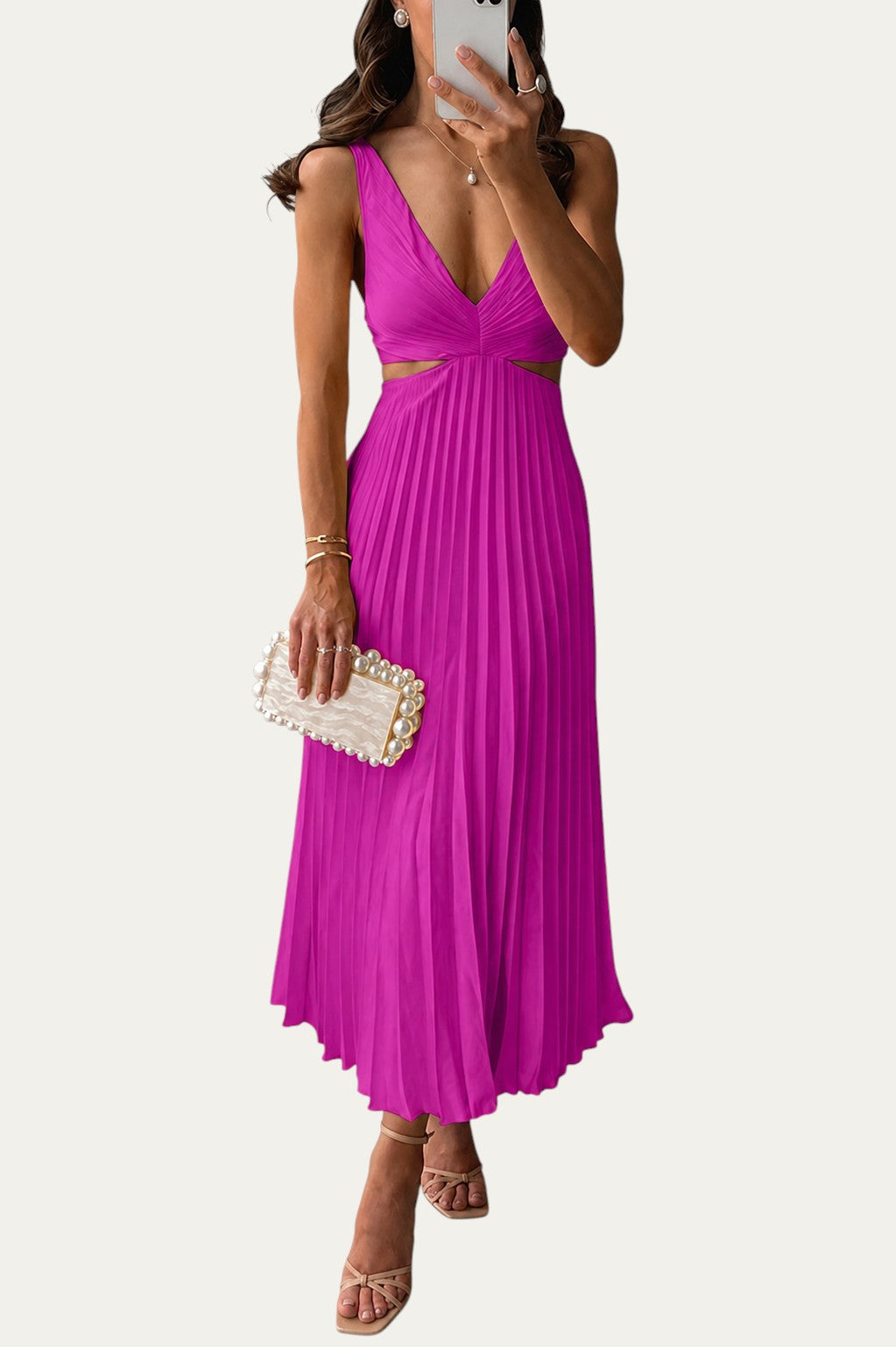 Vestido largo elegante rosa fucsia con escote en V cruzado y falda plisada