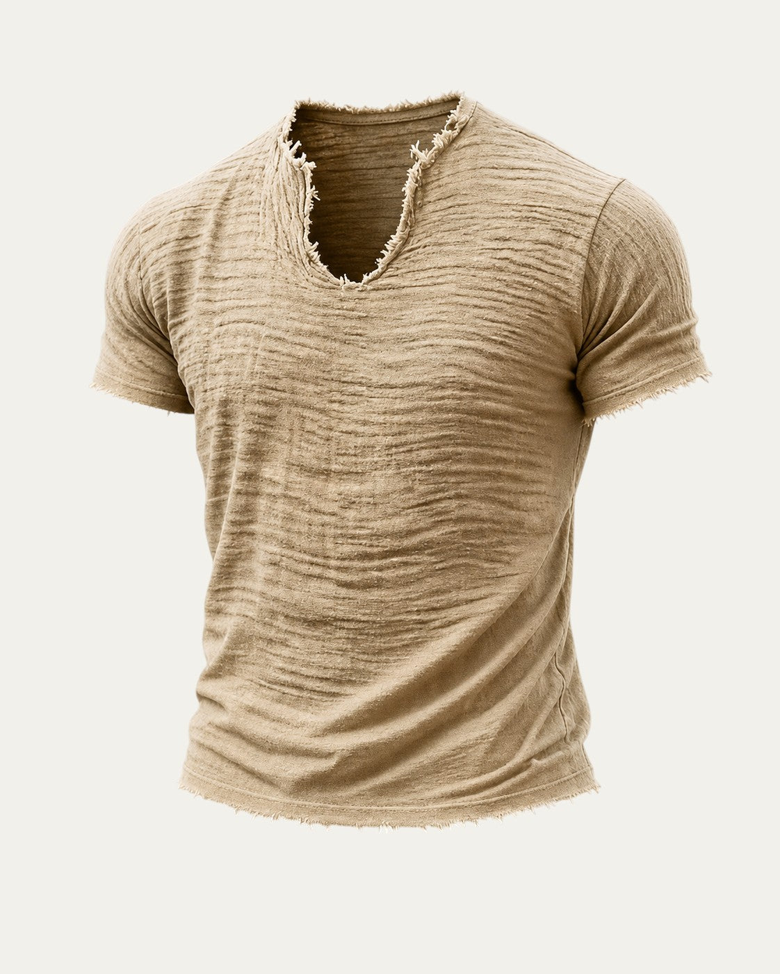 Camiseta vintage caqui de manga corta con cuello en V y efecto texturizado