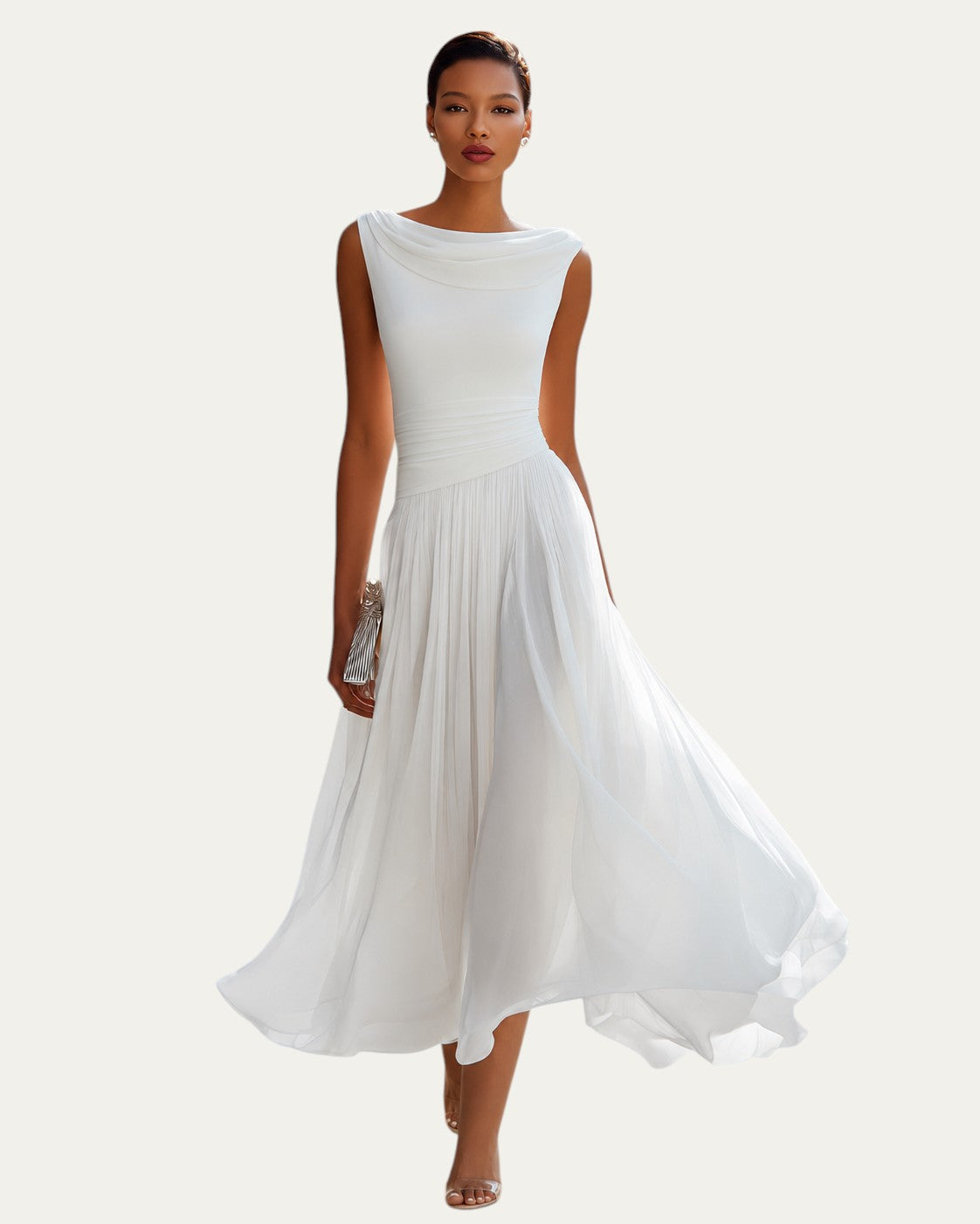 Vestido midi blanco sin mangas con escote barco y falda plisada abullonada
