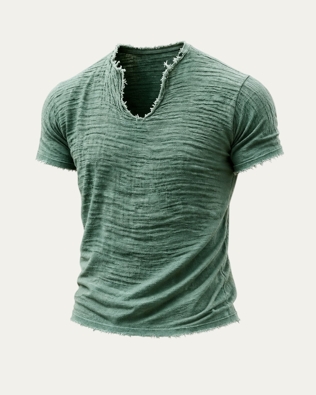 Camiseta vintage verde de manga corta con cuello en V y textura arrugada