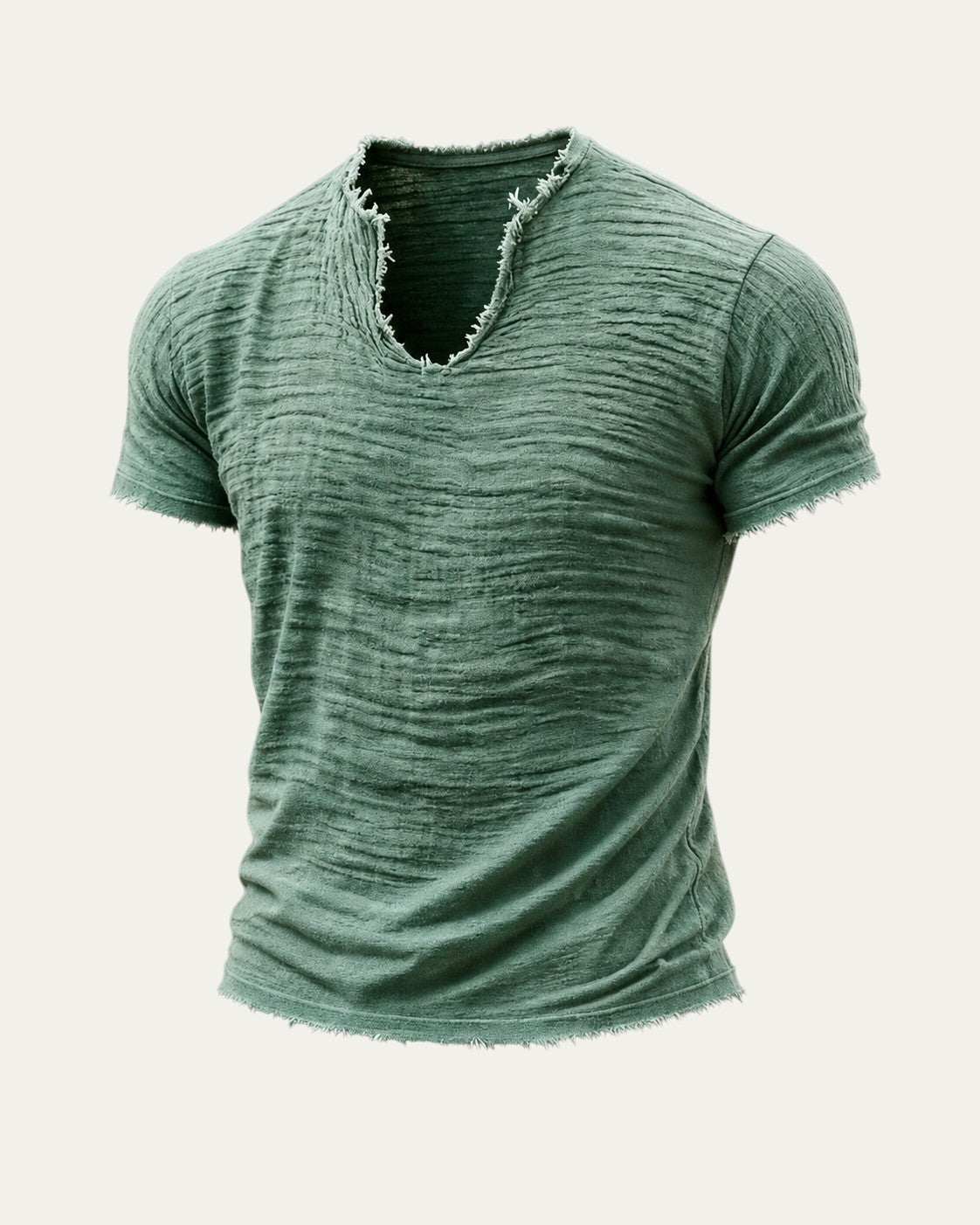 Camiseta vintage verde de manga corta con cuello en V y textura arrugada