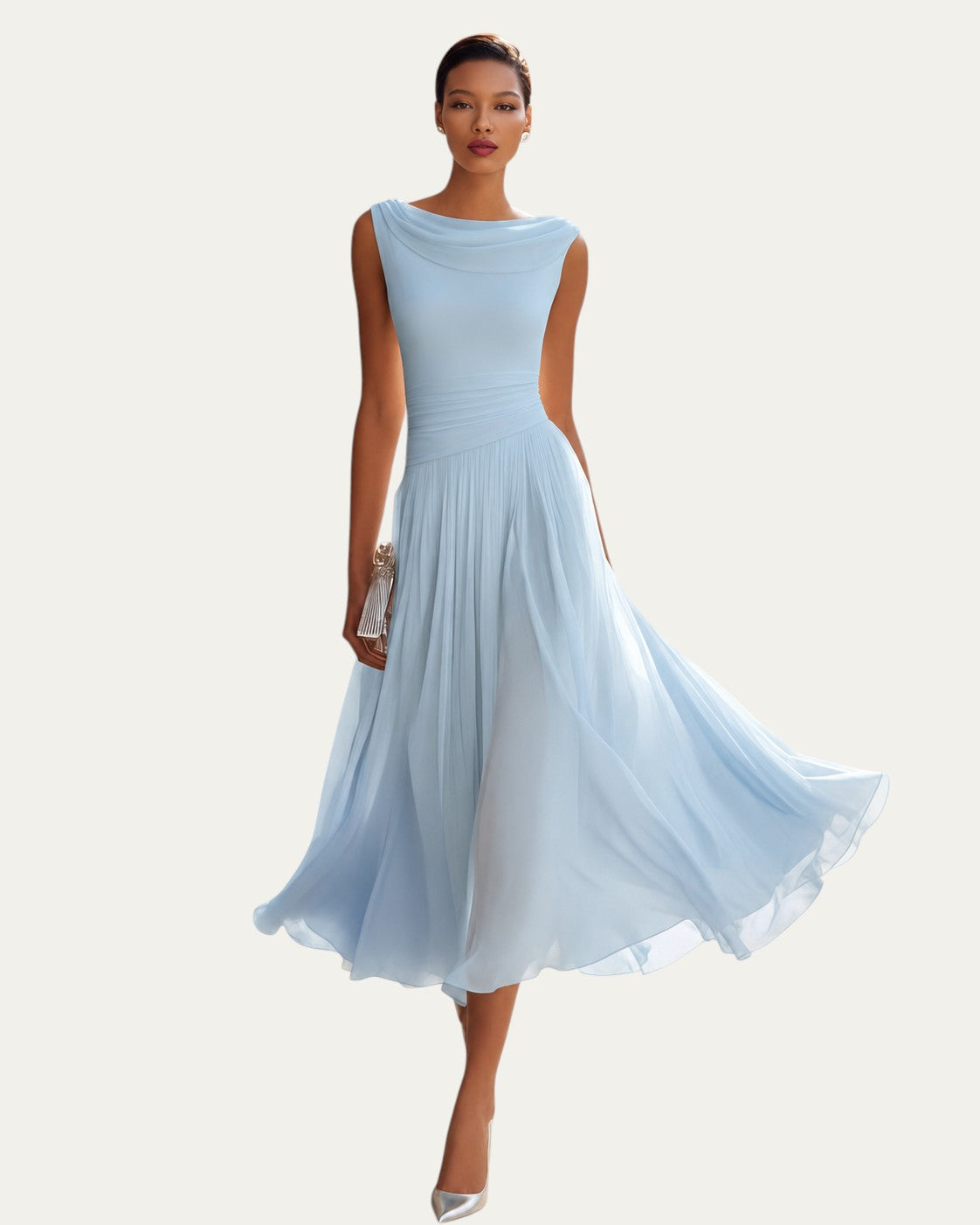 Vestido midi azul claro sin mangas con escote barco y falda plisada amplia