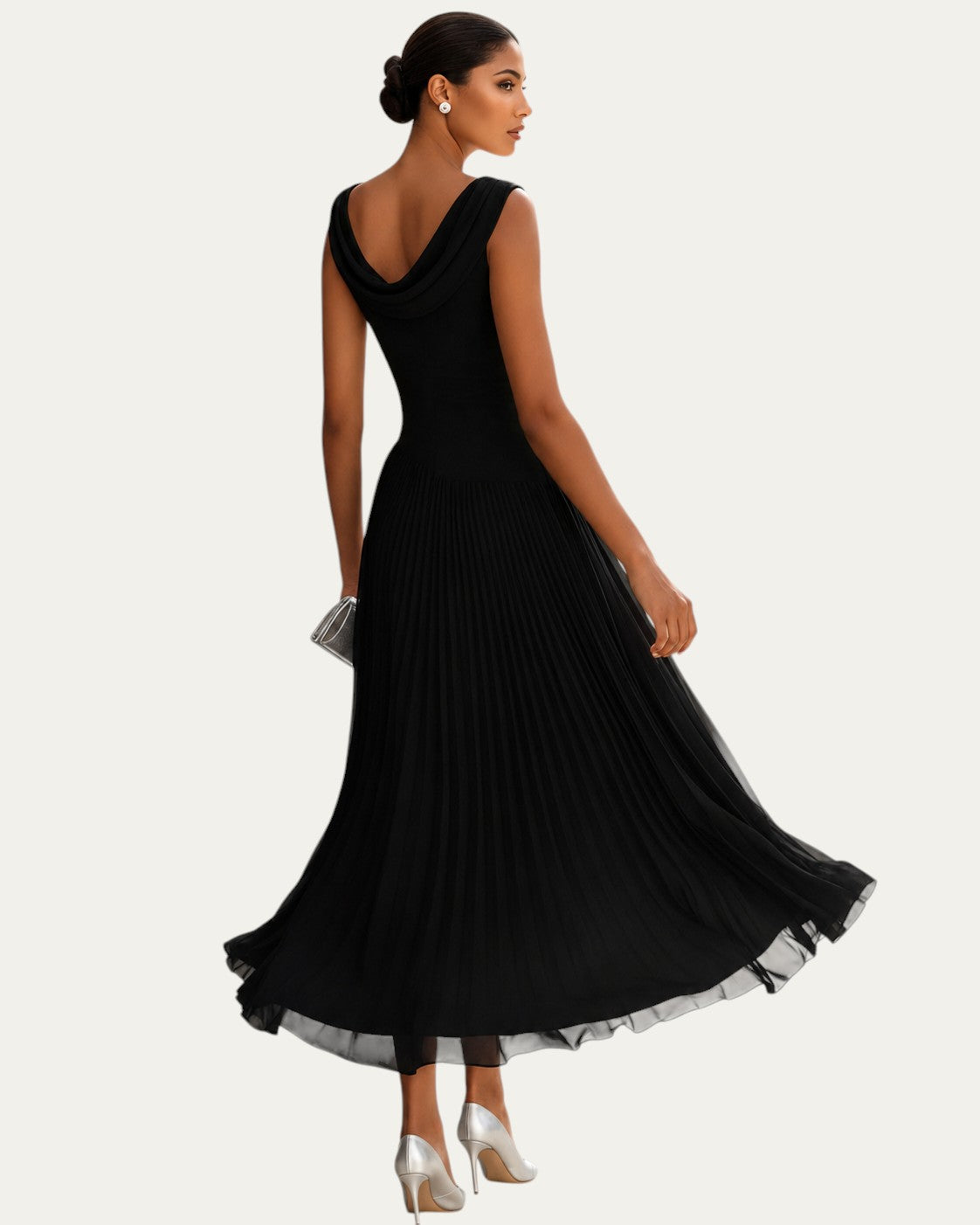 Vestido midi negro sin mangas con escote barco y falda plisada con vuelo